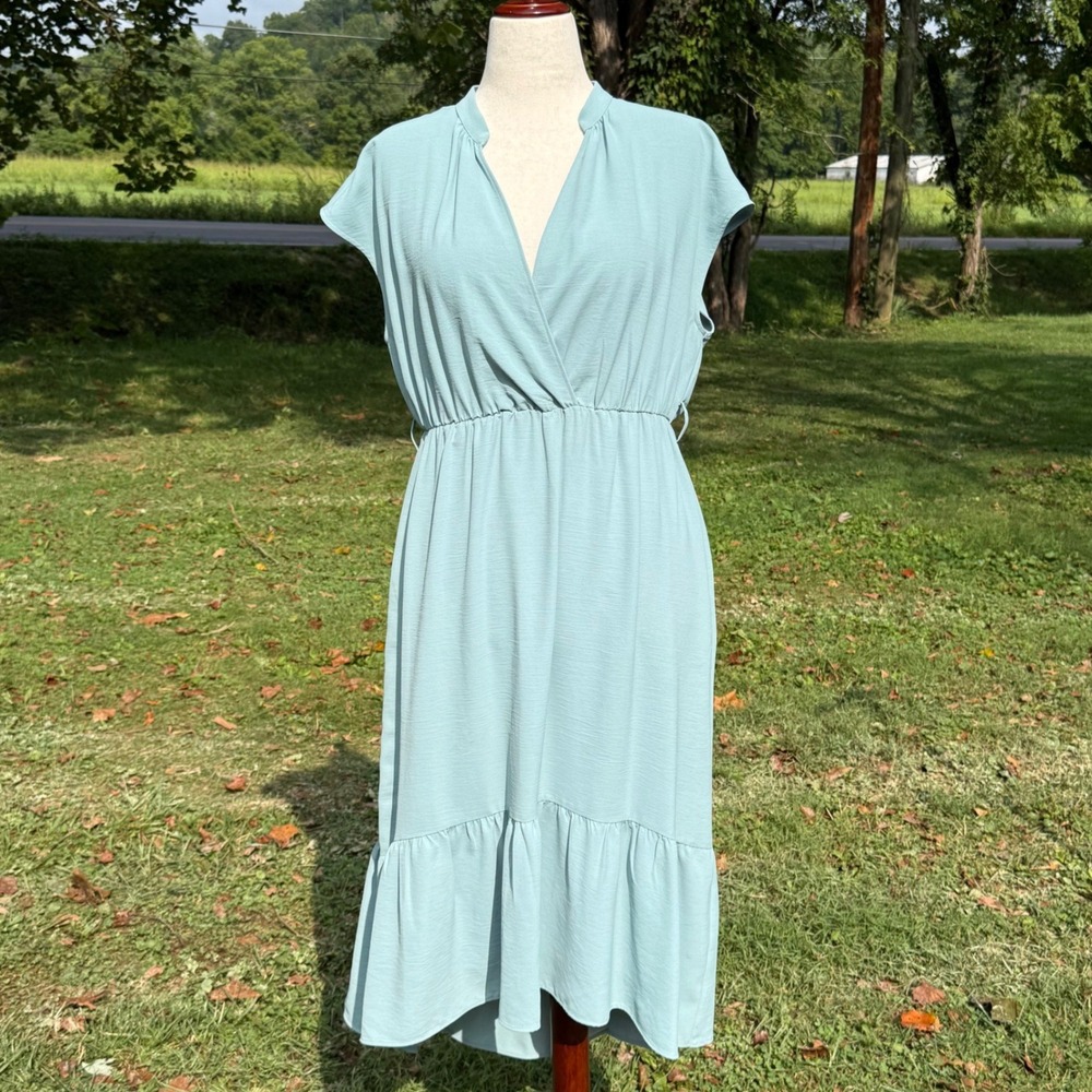 Zara Sage Green Faux Wrap Midi Dress High Low Ruffle Hem Elastic Waist Large